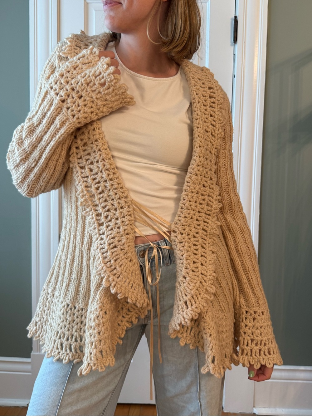 Vintage Express Chunky Open-Front Cardigan - Beige